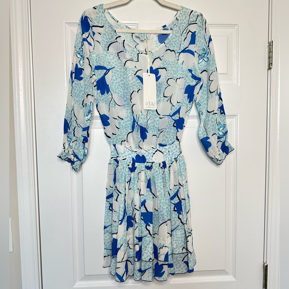 TAJ BY SABRINA CRIPPA Blue and white wild tulips embellished mini dress XS NWT